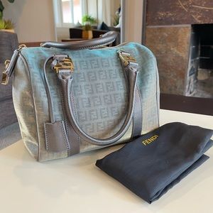 Authentic FENDI Platinum Light Blue Zucchino Forever Boston Bag Iridescent